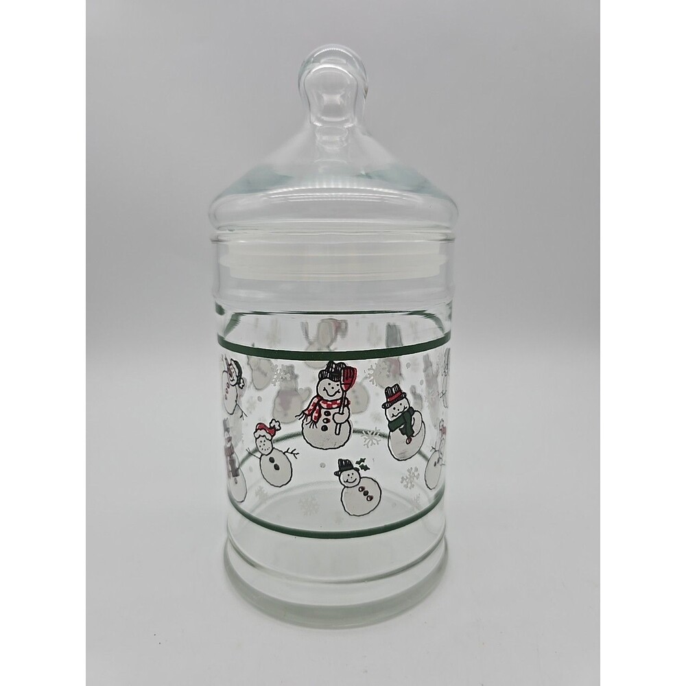 Vtg  Snowman Glass Apothecary Candy Jar with Lid Various Snowman Winter Snow 8"